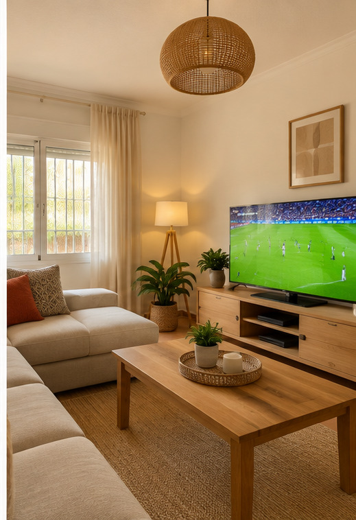 Salón con partido de fútbol en la televisión